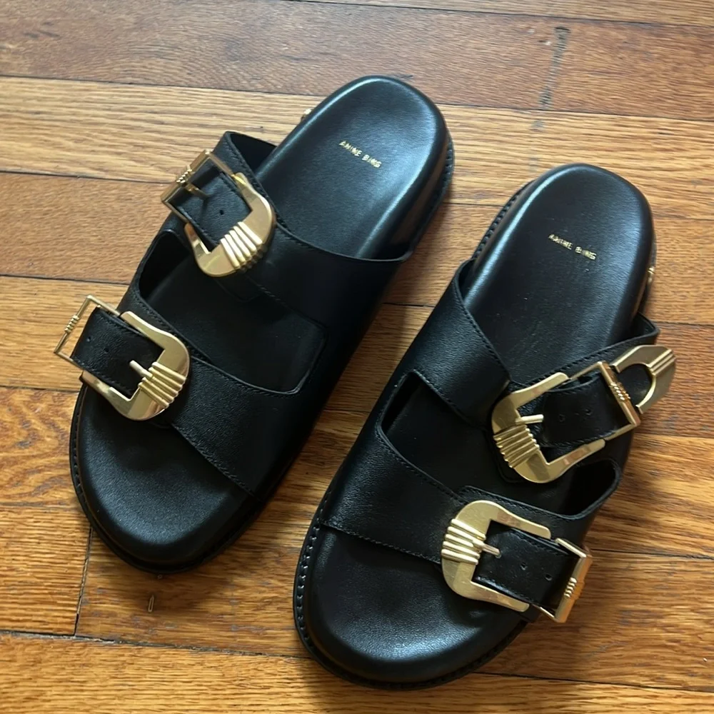 Anine Bing Fabulous Black Sandals with Gold Buckles - Picture 3 of 6
